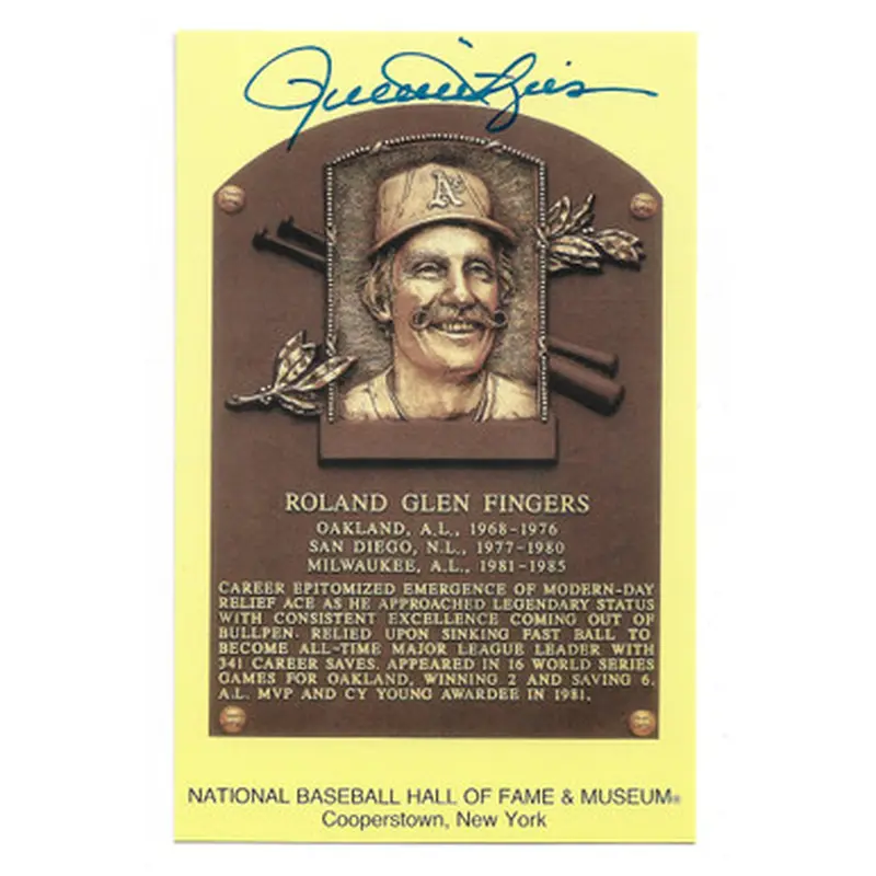 Rollie Fingers Autographed Hall of Fame Plaque Postcard (Beckett) 