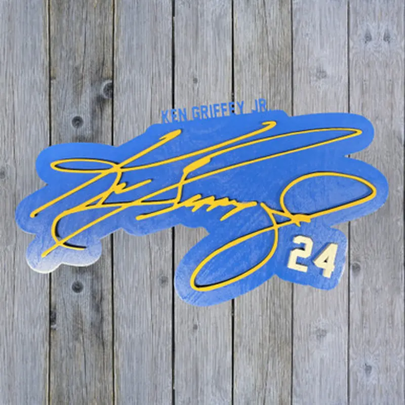 Ken Griffey Jr. 3D Signature 19 x 18 Royal with Yellow Wood Wall Sign with Number 