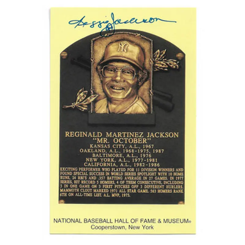 Reggie Jackson Autographed Hall of Fame Plaque Postcard (Beckett) 