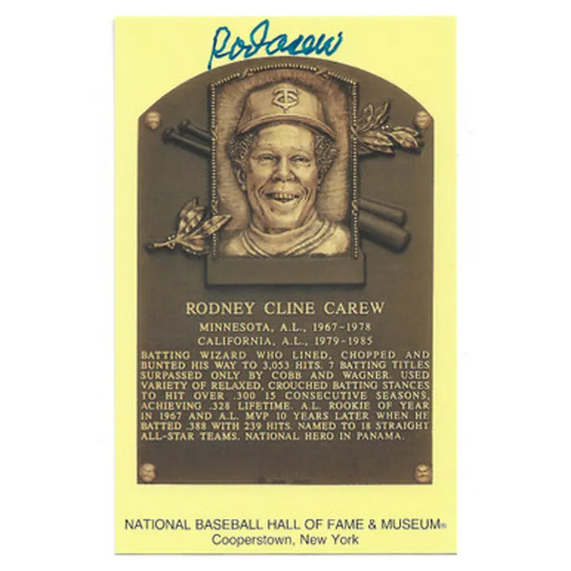 Rod Carew Autographed Hall of Fame Plaque Postcard (JSA) 