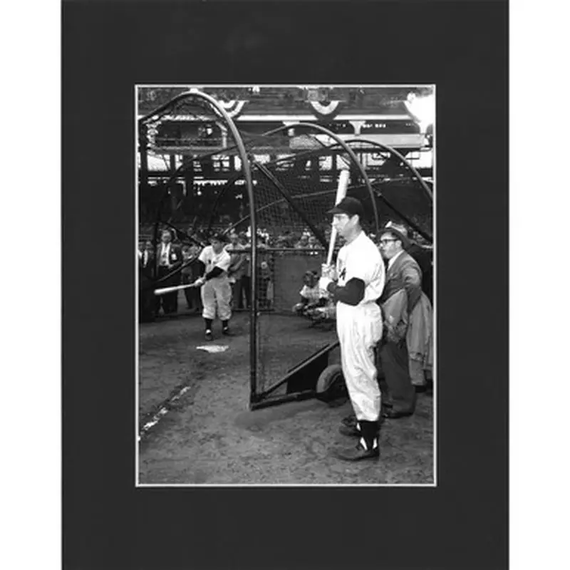 Matted 8x10 Photo- Yogi Berra and Joe Dimaggio Batting Cage 