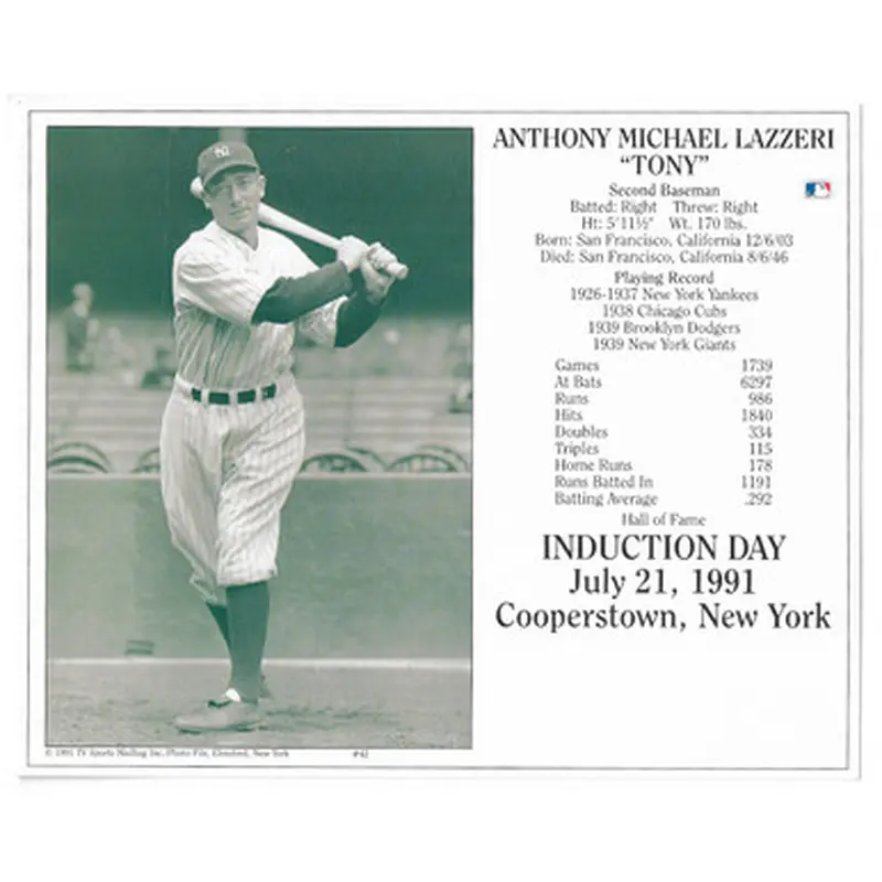 Tony Lazzeri New York Yankees 1991 Hall of Fame Induction 8x10 Photocard 