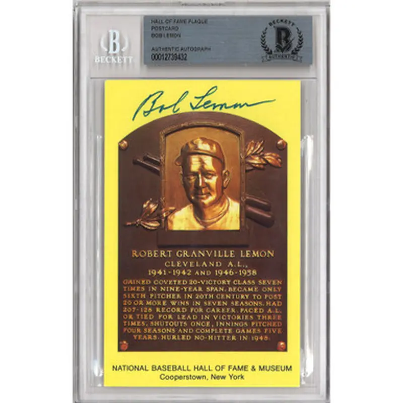Bob Lemon Autographed Hall of Fame Plaque Postcard (Beckett-32) 
