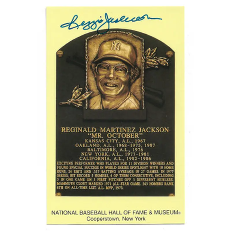 Reggie Jackson Autographed Hall of Fame Plaque Postcard (JSA-86) 