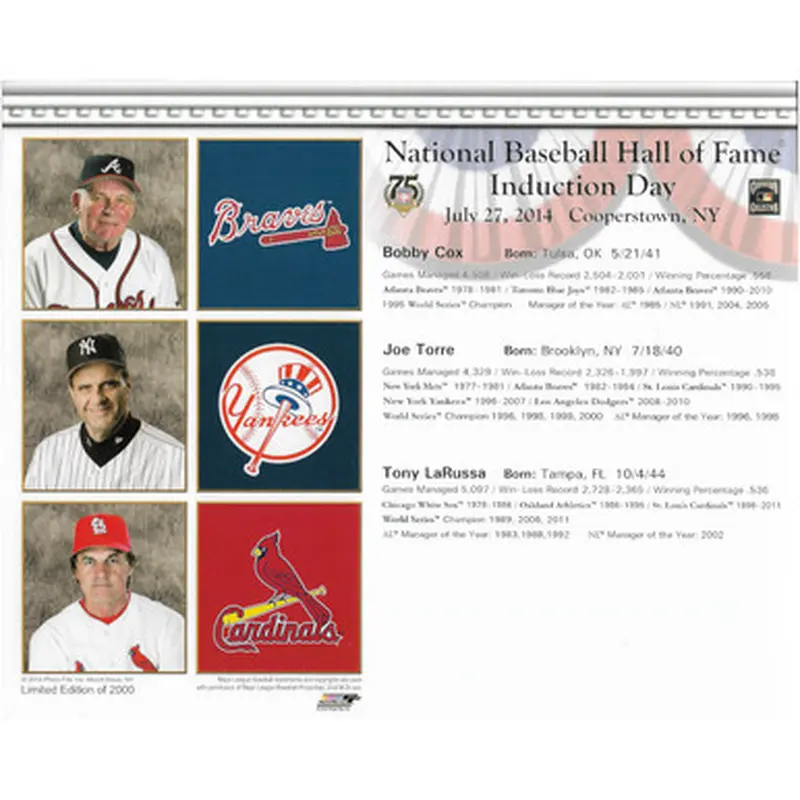 Bobby Cox - Tony La Russa - Joe Torre  2014 Hall of Fame Induction 8x10 Photocard 