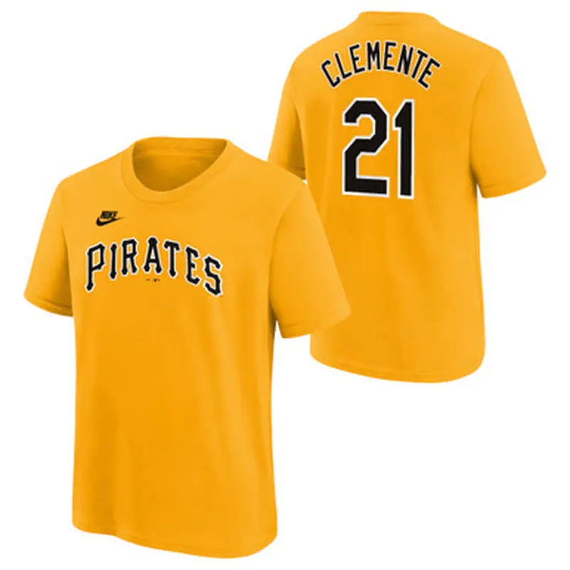 Youth Nike Roberto Clemente Pittsburgh Pirates Yellow Name & Number T-Shirt Size L