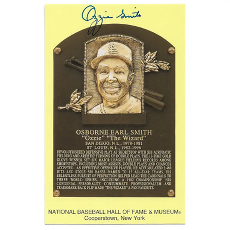 Ozzie Smith Autographed Hall of Fame Plaque Postcard (Fanatics) 