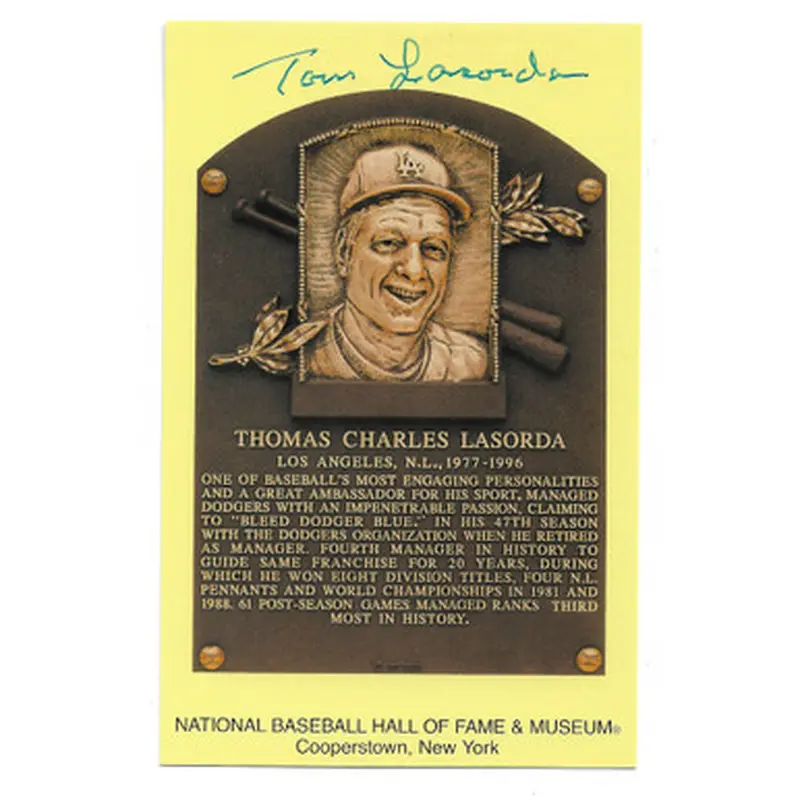 Tommy Lasorda Autographed Hall of Fame Plaque Postcard (PSA-10) 