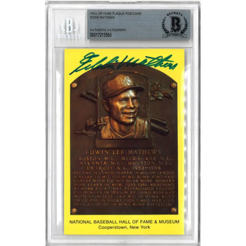 Eddie Mathews Autographed Hall of Fame Plaque Postcard (Beckett-60) 