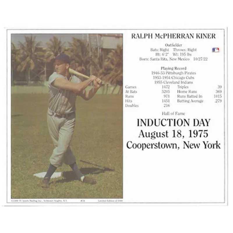 Ralph Kiner Pittsburgh Pirates 1975 Hall of Fame Induction 8x10 Photocard 