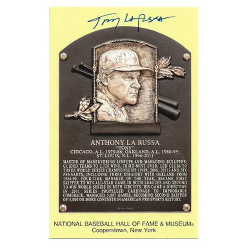 Tony La Russa Autographed Hall of Fame Plaque Postcard (JSA) 