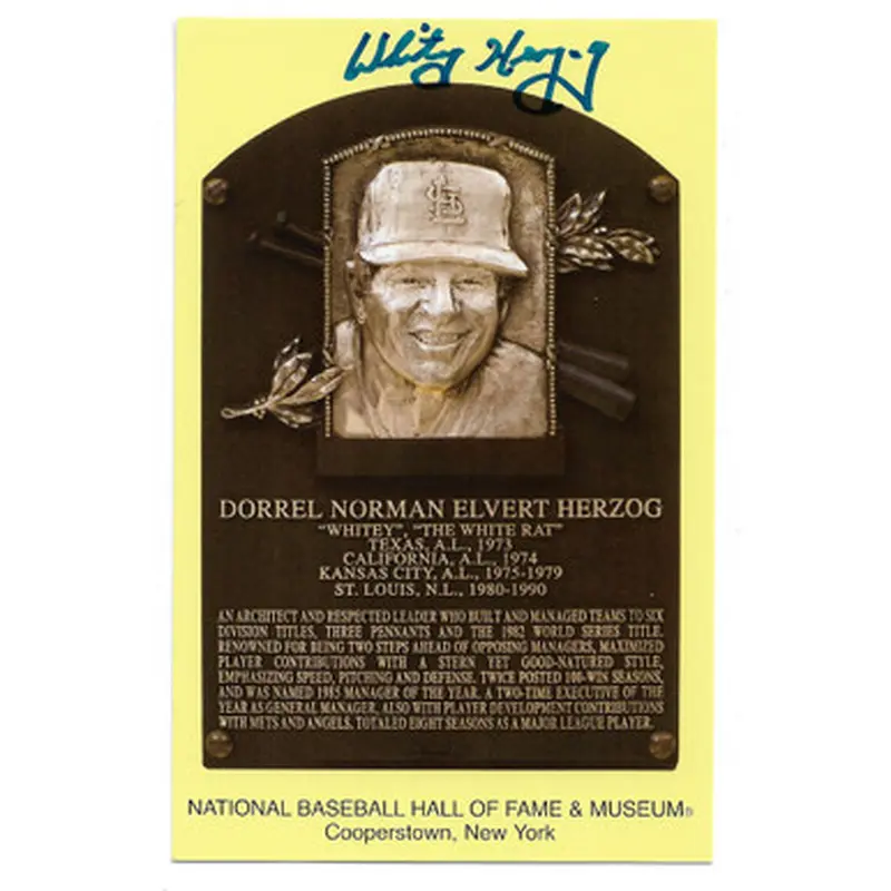 Whitey Herzog Autographed Hall of Fame Plaque Postcard (JSA) 