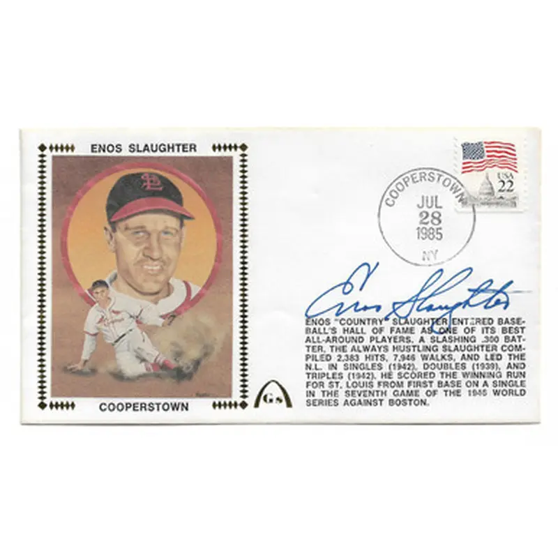 Enos Slaughter Autographed First Day Cover - 1985 Hall of Fame Induction (JSA) 