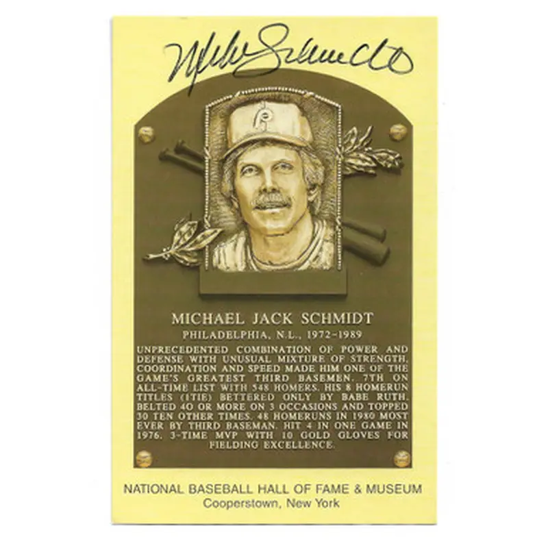 Mike Schmidt Autographed Hall of Fame Plaque Postcard (JSA) 