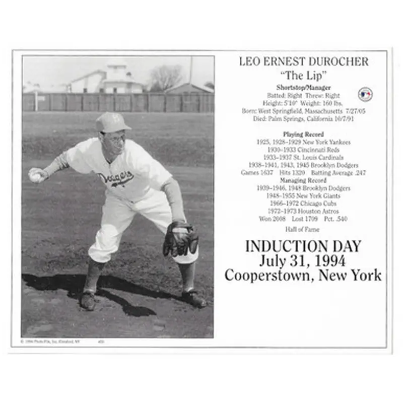 Leo Durocher Brooklyn Dodgers 1994 Hall of Fame Induction 8x10 Photocard 