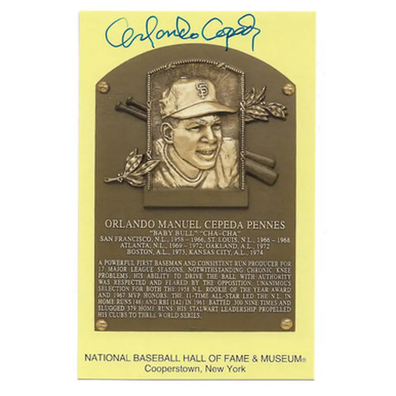 Orlando Cepeda Autographed Hall of Fame Plaque Postcard (JSA) 