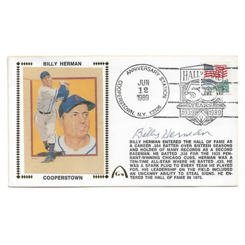 Billy Herman Autographed First Day Cover - 1989 Hall of Fame Induction (JSA-24) 