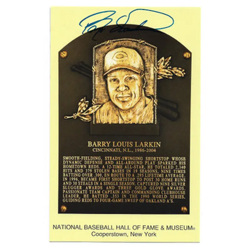 Barry Larkin Autographed Hall of Fame Plaque Postcard (Beckett) 