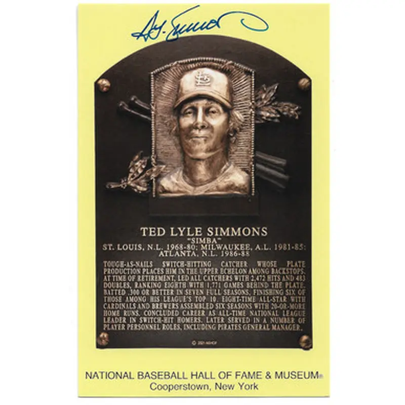 Ted Simmons Autographed Hall of Fame Plaque Postcard (MLB) 