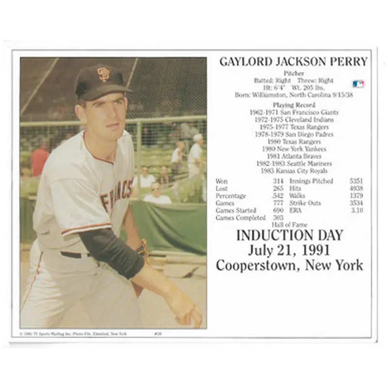 Gaylord Perry San Francisco Giants 1990 Hall of Fame Induction 8x10 Photocard 