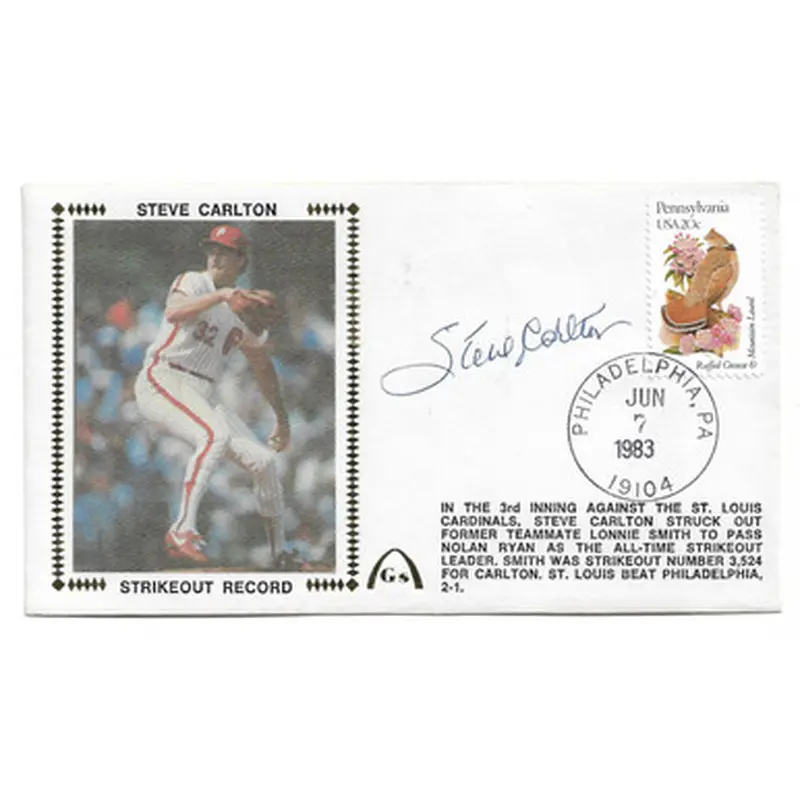 Steve Carlton Autographed First Day Cover - 1983 Strikeout Record (JSA) 