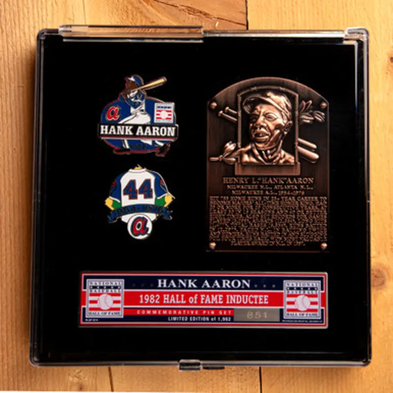 Hank Aaron Hall of Fame Exclusive 3 Piece Pin Set with Plaque Bust Ltd Ed of 1,982 