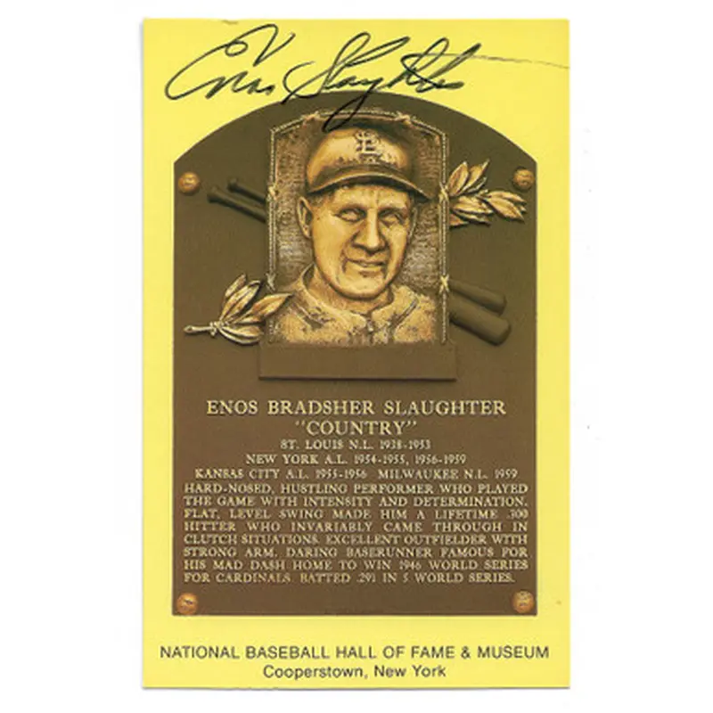 Enos Slaughter Autographed Hall of Fame Plaque Postcard (JSA-92) 