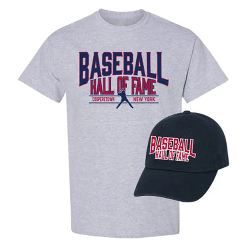 Mens Baseball Hall of Fame Navy Adjustable Cap and Oxford Grey T-Shirt Bundle Size L
