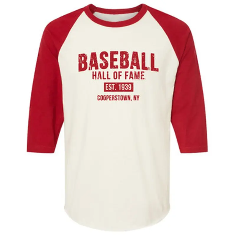 Mens Baseball Hall of Fame  Raglan Sleeve Off-White and Scarlet Baseball Shirt Size M