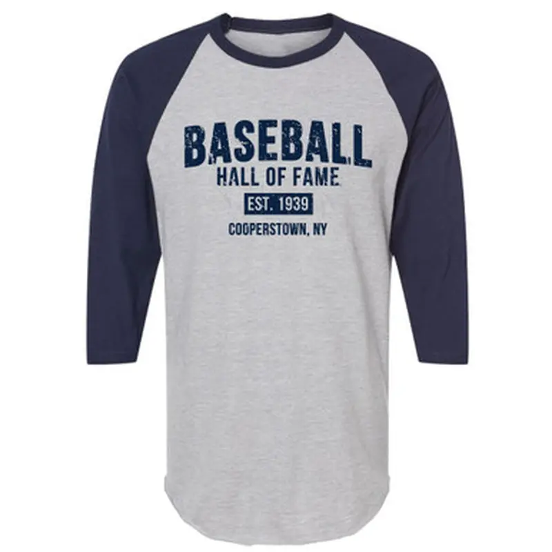 Mens Baseball Hall of Fame  Raglan Sleeve Heather Grey and Navy Baseball Shirt Size M