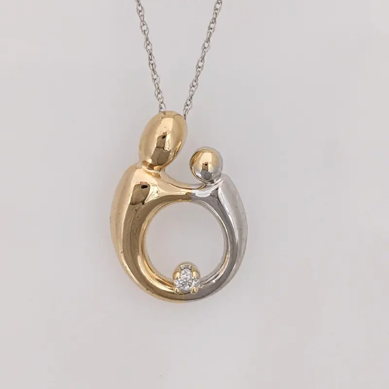 14K TWO-TONE MOTHER/CHILD WITH MELEE ESTATE PENDANT & CHAIN 2.4 GRAMS