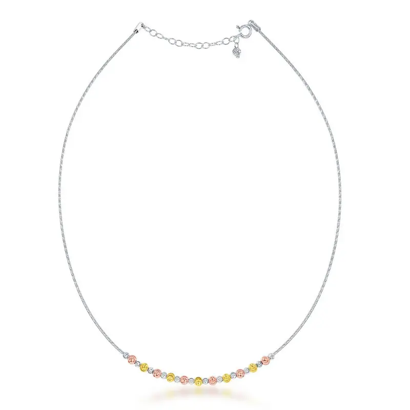 Sterling Silver 1.15mm Diamond Cut Omega w/Moon Beads Necklace - Tri Color