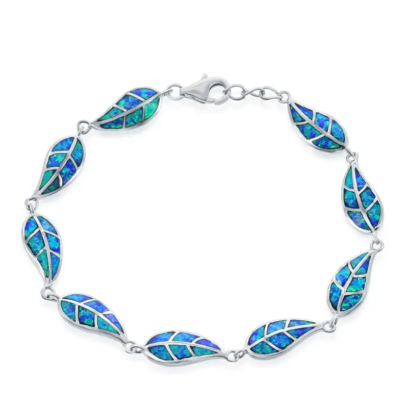 Sterling Silver, Blue Inlay Opal Linked Leafs Bracelet