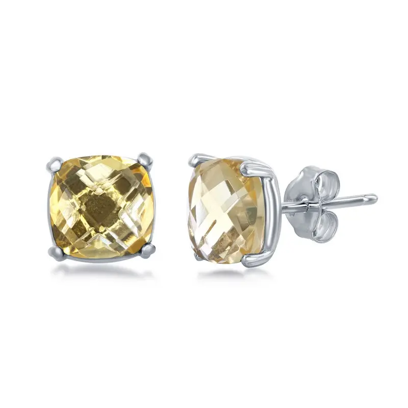 Sterling Silver 'November Birthstone' Square GEM Stud Earrings - Citrine