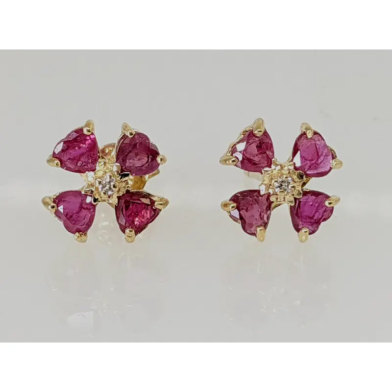 14K RUBY HEART (8) 3MM WITH MELEE ESTATE EARRINGS 1.6 GRAMS