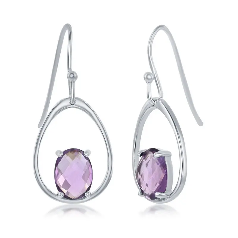 Sterling Silver, Pear-Shaped, Four-Prong Gem Earrings - Amethyst