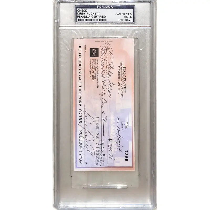 Kiirby Puckett PSA/DNA Signed Check PSA Authentic Auto