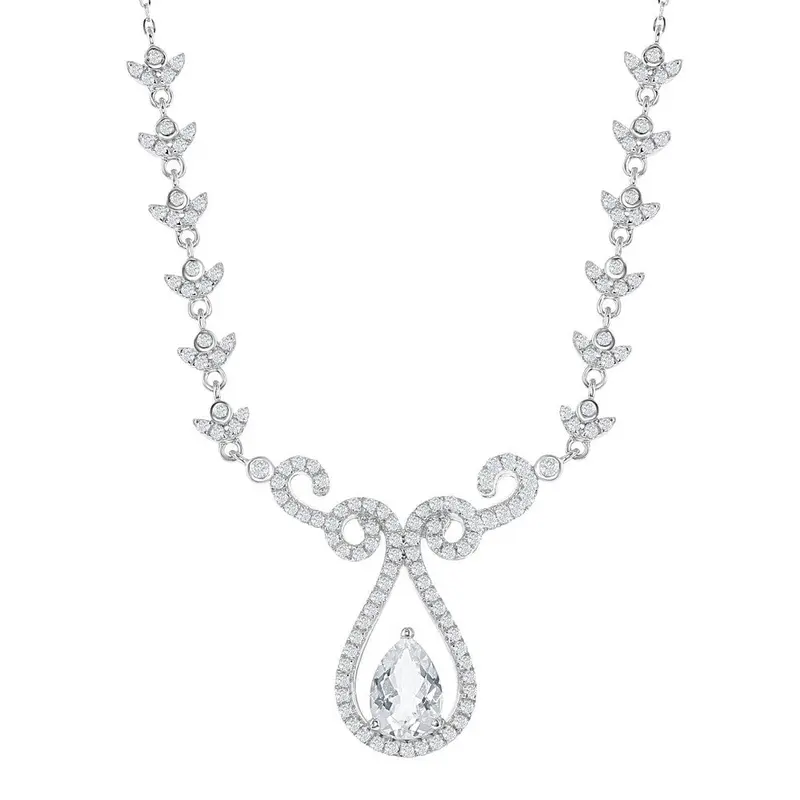 Sterling Silver 3.95 cttw White Topaz Designed Teardrop Bridal Necklace