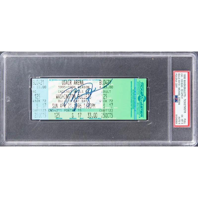 Michael Jordan Signed 72nd Win Full Ticket April 21, 1996 1/1 PSA 6 Auto 9 Pop 1