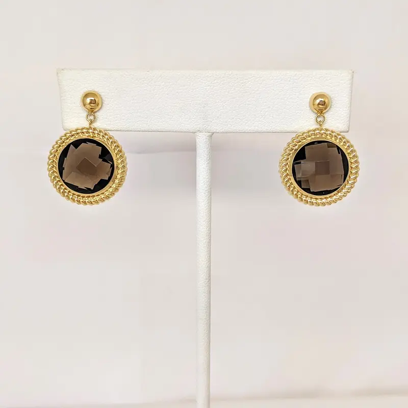 14K SMOKEY QUARTZ ROUND 12MM WITH TRIM ESTATE DANGLE EARRINGS 5.8 GRAMS