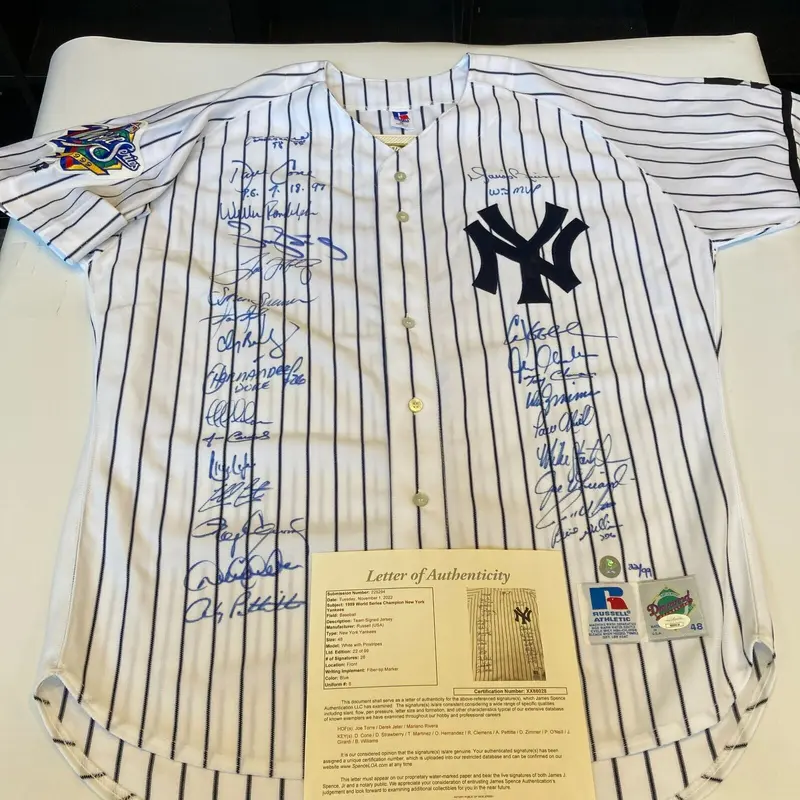 1999 New York Yankees World Series Champs Team Signed Jersey Derek Jeter JSA COA