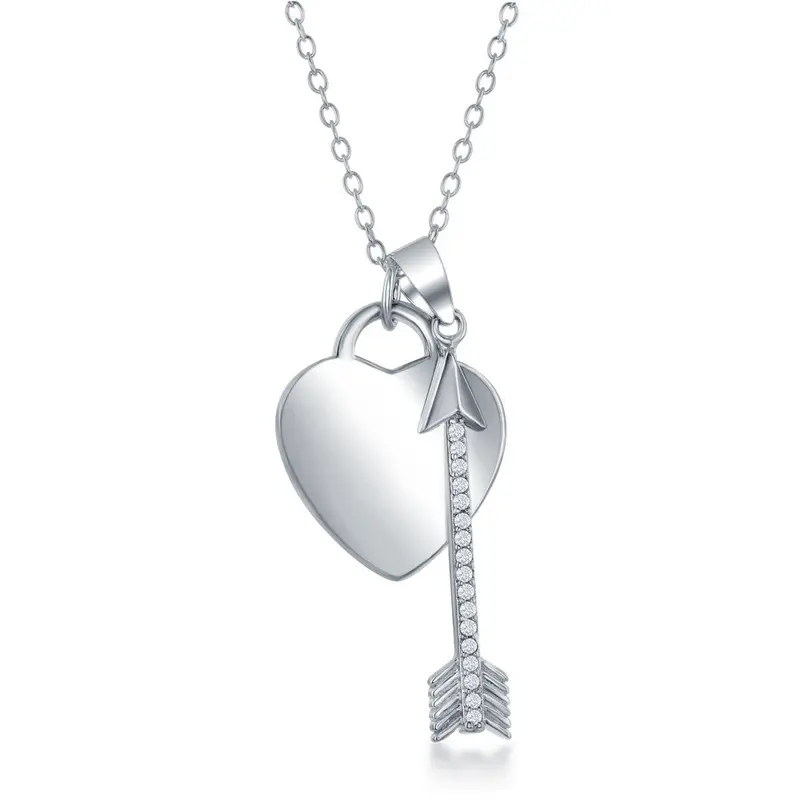 Sterling Silver Shiny Engravable Heart with CZ Arrow Necklace