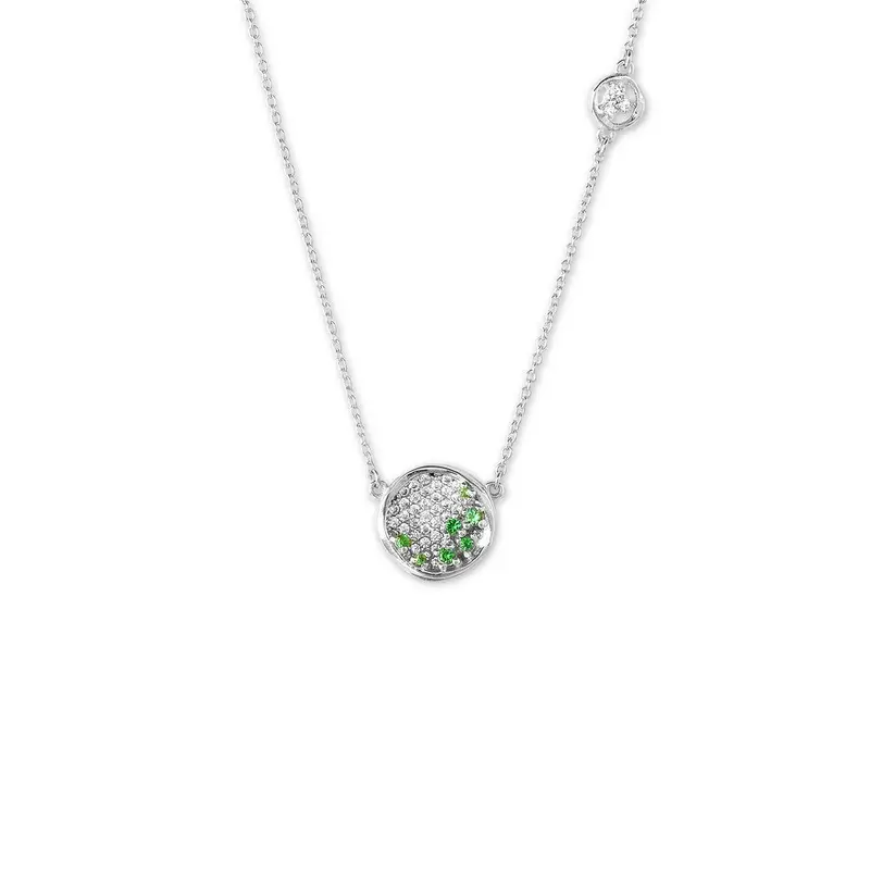 Sterling Silver Small Round Micro Pave with Green CZs Necklace