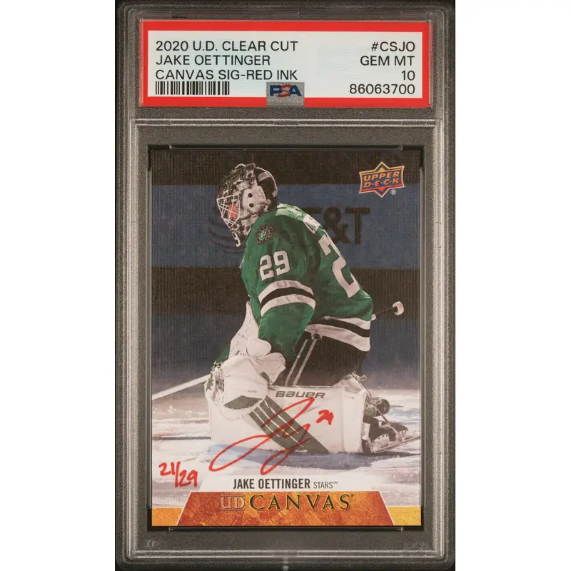 Jake Oettinger 2020 Upper Deck Clear Cut Canvas Auto #21/29 PSA 10 Gem Mint