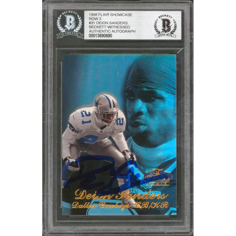 Cowboys Deion Sanders Signed 1998 Flair Showcase Row 3 #31 Card BAS Slabbed