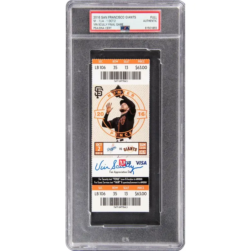 Vin Scully Final Game Signed Original Full Ticket 2016 Los Angeles Dodgers PSA