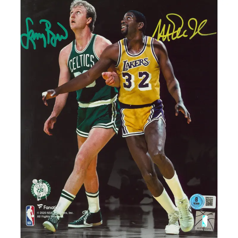 Magic Johnson & Larry Bird Signed 8x10 Vertical Spotlight Photo BAS Witnessed 2