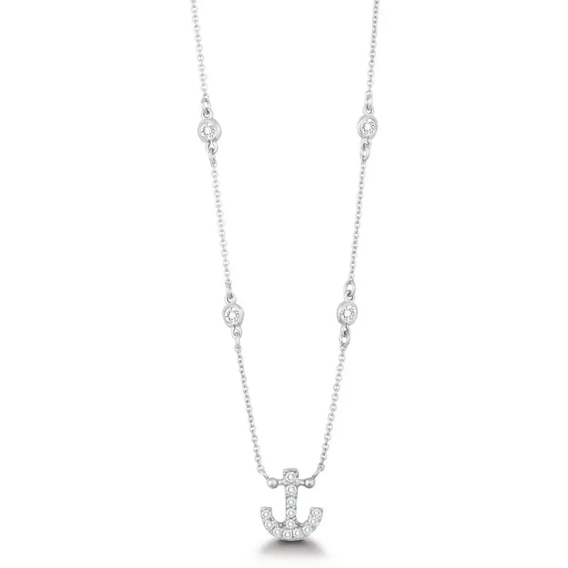 Sterling Silver CZ Anchor with Bezel CZs Necklace
