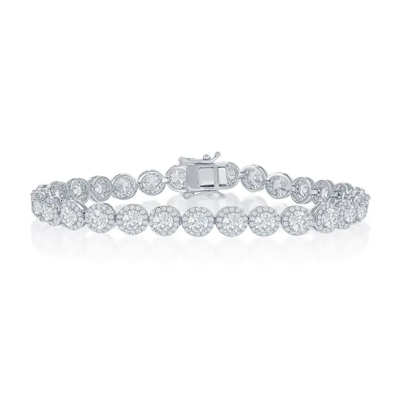 Sterling Silver, Round Halo CZ Tennis Bracelet