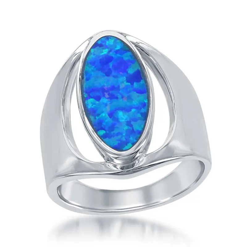 Sterling Silver Extra Wide Front with Center Blue Inlay Opal Oval Ring